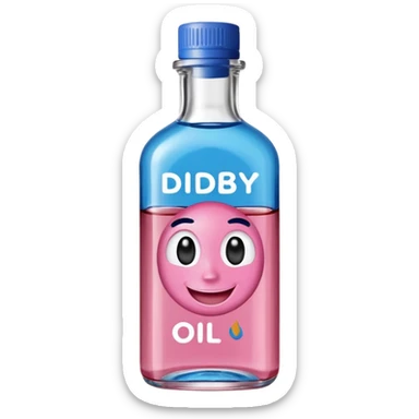 Smiling bottle of oil blue top pink outside with logo that says diddy oil sticker