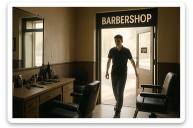 Shu odamni sartaroshxonaga kirib kelayapti  o'smirin davri rakurs ichkaridan sartaroshxona eski ham yangi ham emas bolani juda semiz qilib yuborma  u ozg'inroq bo'lsin huddi sartaroshxonani  hammadan oldin kelib ochsin sticker