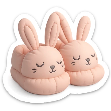 pair of bunny slippers with floppy ears and embroidered eyes, cozy and rounded, pastel palette, cushion style sticker