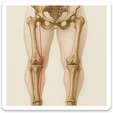 Create a hyperrealistic anatomical illustration in 4K resolution, front view, 1:1 proportion. Show knees with varus deformity (bow legs) pointing outward. Clearly highlight the pelvic bones, femur, tibia, and fibula. Include a red line indicating the mechanical axis as in the reference image. The style should be medical and realistic with a neutral background. sticker