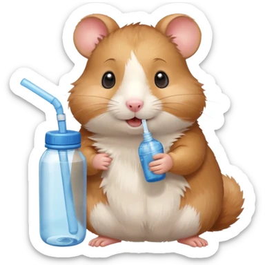 Cute cartoon-style hamster hugging an oversized water bottle, sipping with tiny straw, happy expression. Painterly shading, expressive eyes, white background, sticker-style illustration sticker