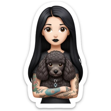 girl with long black  straight hair and tattoos and a  silver Yorkshire and a brown poodle sticker