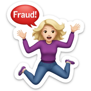 Woman jumping screaming and word “fraud” in a bubble sticker