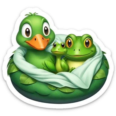 A goose and frog cuddled in bed together  sticker