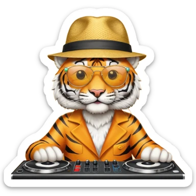 Un tigre con sombrero estilo cubano, una mesa de dj y gafas de sol sticker