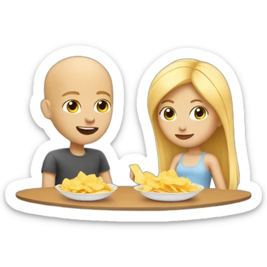 cute blonde girl with her bald boyfriend eating chips sticker