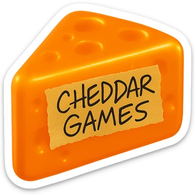Remove the background completely. Keep the cheddar wedge shiny, retro, semi-transparent plastic, hyper-realistic, with a warm glow as if lit from inside. Add a piece of torn tape with 'Cheddar Games' written in much messier, scribbly Sharpie handwriting. Match the look of the reference image as closely as possible, but with messier handwriting and no background. sticker