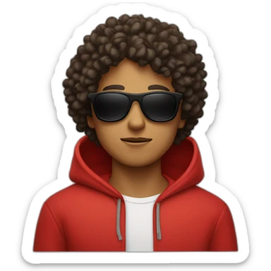 Square-jawed boy with curly hair and black sunglasses and red hoodie sticker