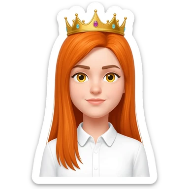 White girl with orange long straight hair and yellow eyes with a crown on her head and a white shirt on brown eyebrows sticker