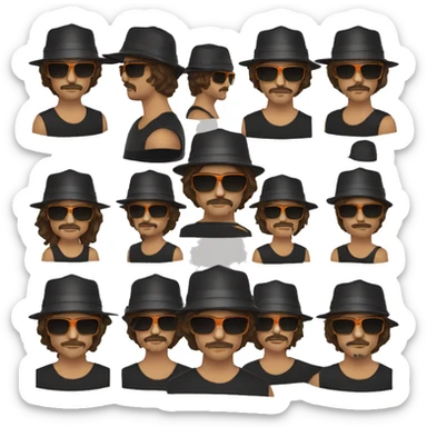 guy with shoulder length long brown hair and a mustache and a black bucket hat and black sunglasses with mirrored orange lenses sticker