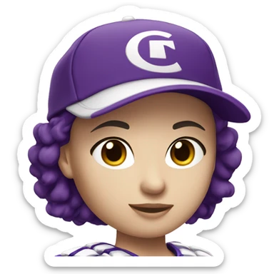 baseball card character. white female. short brunette hair. letter C logo. Purple and white uniform.  sticker