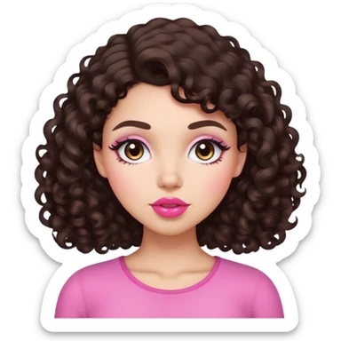 girl with daark brown curly hair light to place skin medium sized pink lips curved eyebrows blush and a buttchin sticker