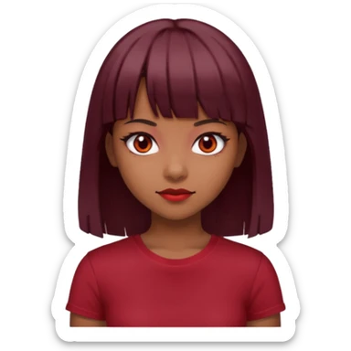 beautiful girl with dark maroon medium hair, straight bangs and red bando, red eyes and brown tshirt  sticker