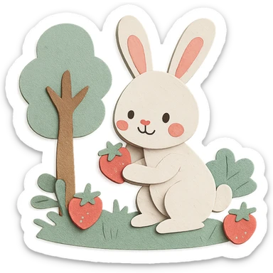 bunny picking strawberries in the woods, sweet pastel red, paper craft style sticker