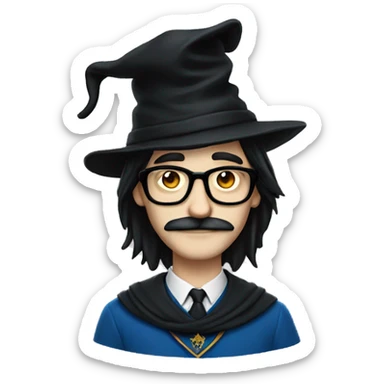 man with white skin, black longer hair, mustache, glasses, with a magic hat, ravenclaw sticker