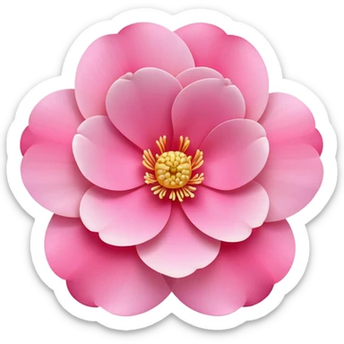 camellia flower, flat design, 5 layered pink petals with soft gradient, golden stamen in center, minimal outline, clean circular shape, pastel colors sticker
