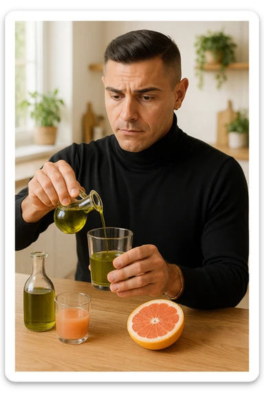 A realistic, warm-toned photo-style image of a man in his kitchen preparing a liver and gallbladder flush. On the counter, there is a small glass bottle of high-quality extra virgin olive oil with a rich green hue, and a freshly cut pink grapefruit with a small glass of its juice next to it. The man, in his mid-30s, looks focused and slightly apprehensive as he mixes the olive oil and grapefruit juice in a clear glass, preparing to drink it as part of a natural gallbladder cleanse. The background is clean, bright, and minimalist with wooden countertops, green plants, and sunlight coming through the window, giving a sense of natural health practices. The mood conveys a realistic moment of alternative health care, illustrating the preparation and intention for a natural flush to address gallstones, while maintaining a calm, educational, and hopeful tone sticker