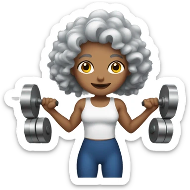 White women with curly gray hair lifting weights sticker