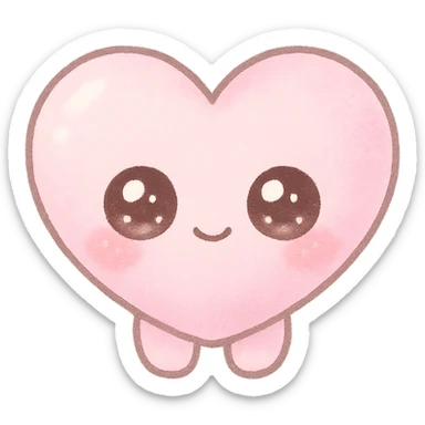 kawaii chibi pink heart character with big sparkling eyes, soft pastel colors, no arms, no legs, full body, soft pastel kawaii style sticker