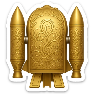 Create a back view of a gold ancient wide jetpack with very shoulder wide side rocket projectiles, no fire, with an apple style emoji look. The jetpack should have engraved patterns on the gold surface. Remove the background. sticker