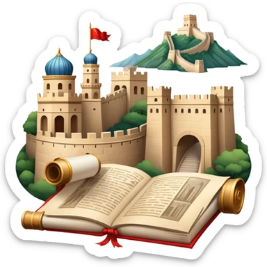 icon featuring an ancient scroll, quill pen with famous historical landmarks and monuments like the Great Wall and the Colliseum in the background. Historical figures are depicted as statues, symbolizing the study of history. Transparent background highlights the legacy of past civilizations. sticker