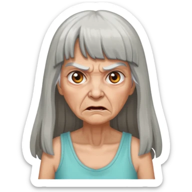 Angry old woman with long gray hair and bangs and scary eyes in a sundress sticker