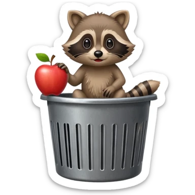 a raccoon sitting ontop of s trash can holding a bitten apple sticker
