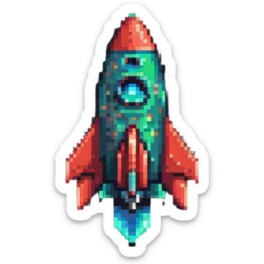 rocket ship with green to red gradient, pixel art style sticker