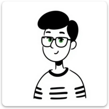 woman with a short pixie haircut, green eyes, glasses, and a short sleeve shirt, hand-drawn doodle style sticker