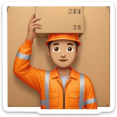 man standing facing away, wearing orange hi visibility overalls  holding a box above his head sticker