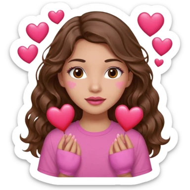 girl with long wavy brown hair, brown eyes, light to medium complexion, in a pink shirt, pink lips, long lashes, many  hearts in hand sticker