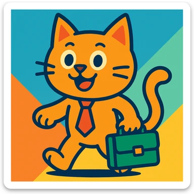 happy cat wearing a tie and carrying a briefcase, fun colorful style sticker