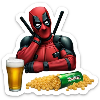 Deadpool tomando cervezas heineken con palomitas sticker