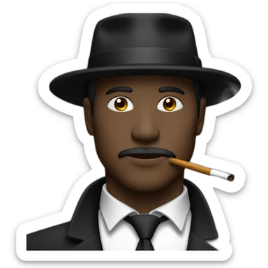 A man smoking he have a black hat and black suit sticker