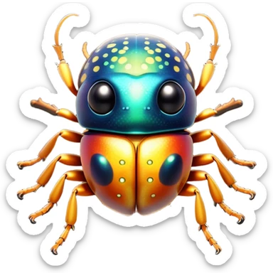 Cinematic Cute Beetle Portrait Emoji, Head tilted playfully and inquisitively, featuring a diminutive, charming body with a glossy, intricately patterned shell and round, sparkling eyes full of endearing wonder, Simplified yet irresistibly adorable features, highly detailed, glowing with a warm, inviting metallic glow, high shine, affectionate and lively, stylized with a touch of whimsical insect elegance, soft glowing outline, capturing the essence of a mischievous beetle that seems as if it could scuttle out of the screen into your arms! sticker