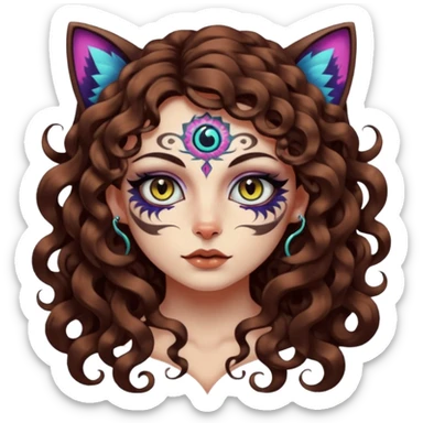 woman with long curly brown hair, brown eyes, white skin, tattoos, black cat with psychedelic spiral eyes mirroring hers sticker