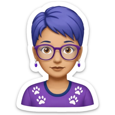 50-year-old woman with hair that is navy blue, purple glasses, and brown eyes, in a shirt with small pawprints all over it. sticker
