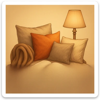 Remove any shadow from the image. Keep the cozy reading nook with pillows and a lamp, warm and inviting atmosphere. Maintain transparent background. sticker