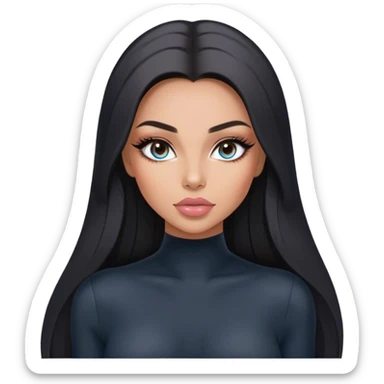 Glamours, tanned, very beautiful girl, with big pump peach-beige-rose lips, long long lashes, black straight smooth silky long hair, straight parting hair, blue-grey eyes in black long-sleeves bodysuit sticker