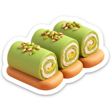Halawet el Jibn, Middle Eastern dessert roll with creamy filling and pistachio topping, white background sticker