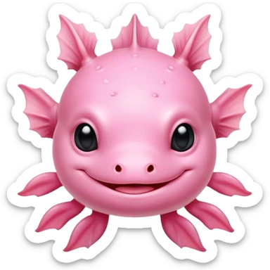 Pink axolotl with two sets of three small gills on each side of its head, a cute smile, and all black eyes sticker
