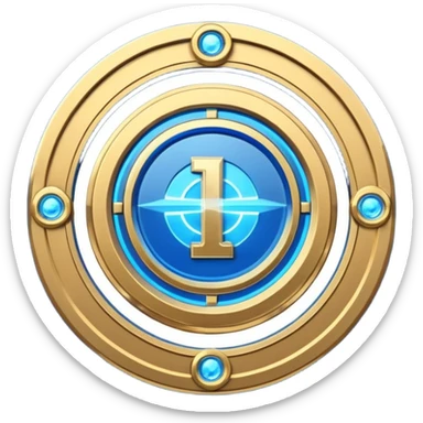 Futuristic anniversary medal badge, circular emblem with embossed Roman numeral I, metallic gold finish with electric blue glow accents, subtle outer energy ring, sci-fi web3 game UI style, polished 3D game asset, dark background, centered composition, high detail sticker