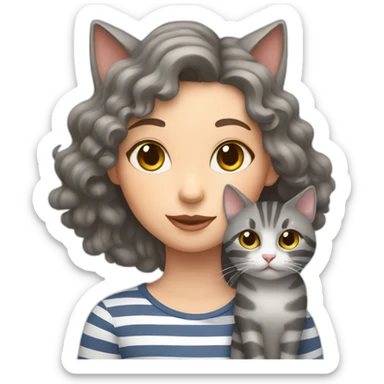 Grey cat with stripes sit near a girl with brown curly hair sticker