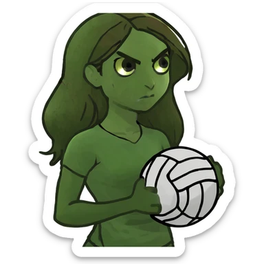 Angry girl who’s 10 has freckles long brown hair brown eyes and is holding a volleyball  sticker