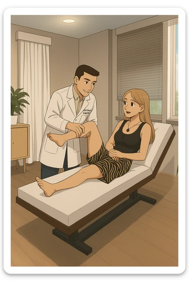 fai un webtoon/manga a colori con questo kinesiologo in camice bianco (fagli la scritta "ANTONIO ANANIA" SUL CAMICE) CHE SVOLGE UN TEST NEUROMUSCOLARE SOLLEVANDO UNA GAMBA ALLA RAGAZZA CHE è STESA SU UN LETTINO BIANCO. STANZA SEMPLICE E MODERNA, DURANTE IL TEST I DUE DIALOGANO TRA LORO. NON FARE I FUMETTI, FAI SOLO LORO COME SE DIALOGASSERO sticker