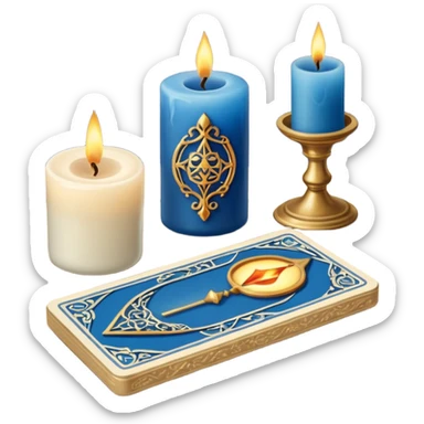 A blue deck of tarot cards and a one candle nearby sticker