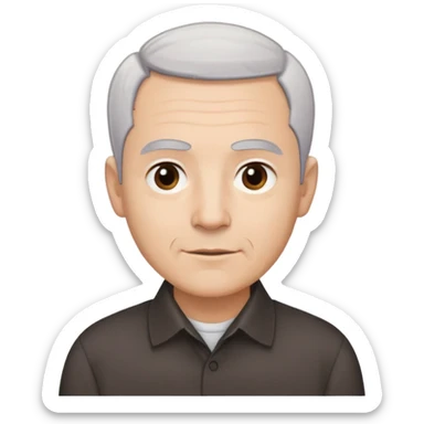 Head and shoulders portrait of Puerto Rican actor René Monclova. Round face with light skin tone. Short gray/white hair with receding hairline. Expressive dark brown eyes, thick eyebrows. Clean-shaven. Slight smile. Wearing a dark collared shirt. sticker