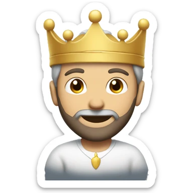 smiling boy with beard white patch of hair on the temples and a crown sticker