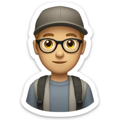 white boy with cap and light beard and reading rounded glasses sticker