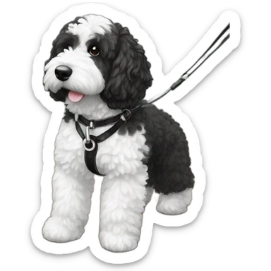 medium sized black and white ausssiedoodle on a leash sticker